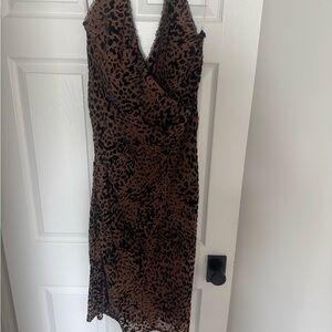 Leopard Print Satin & Velvet V-Neck Dress